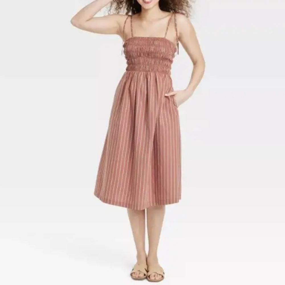 A New Day Pink Smocked Pleated Midi Sundress